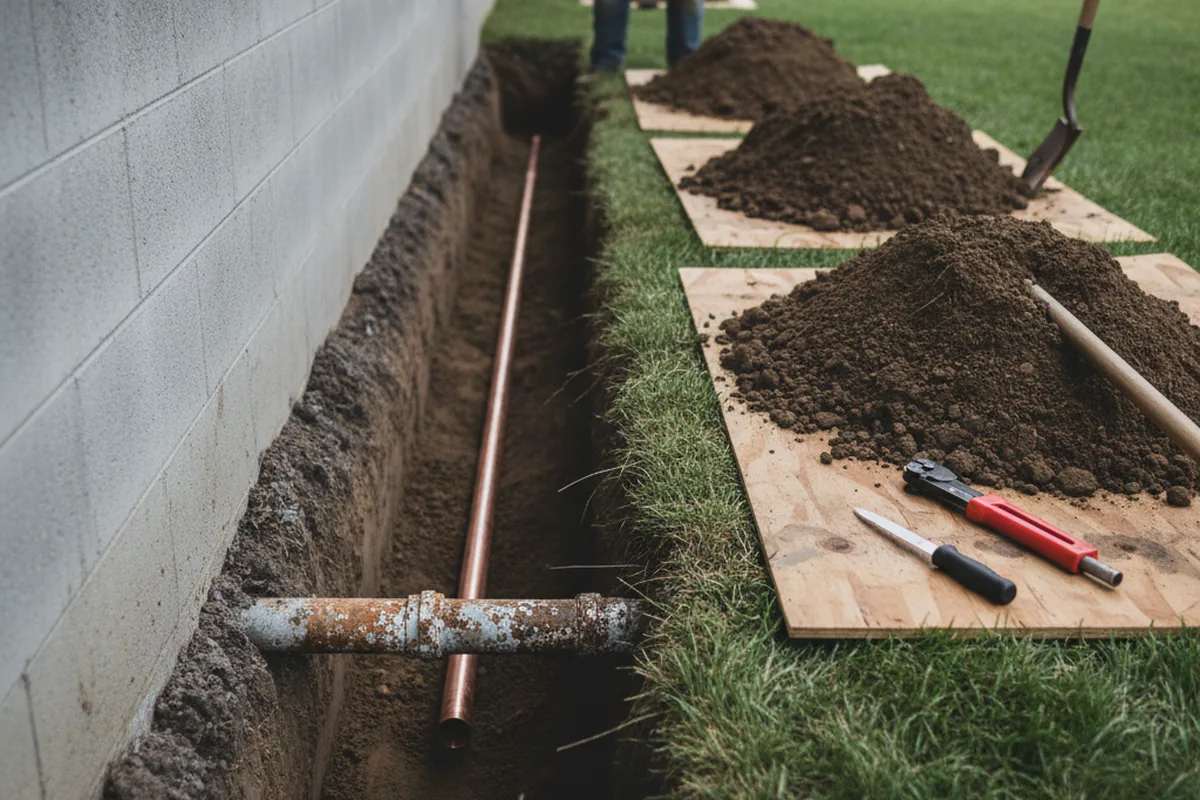 Excavated water line trench during Sewer Line Repair in Mumford
